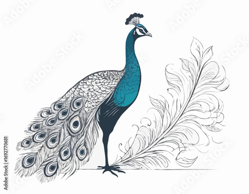 Peacock sketch, hand drawn in engraving style Vector illustration