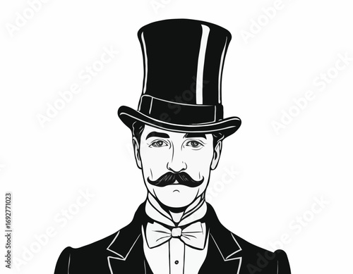 Portrait of an English gentleman with a mustache in a suit and top hat hand drawn sketch Illustration.