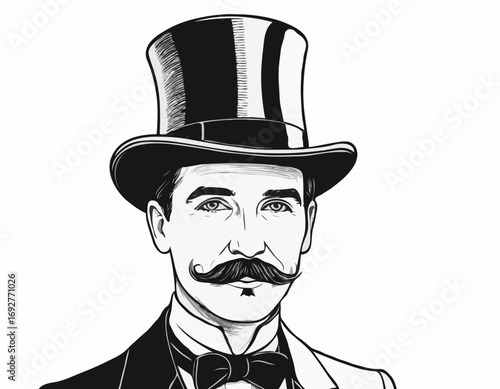 Portrait of an English gentleman with a mustache in a suit and top hat hand drawn sketch Illustration.