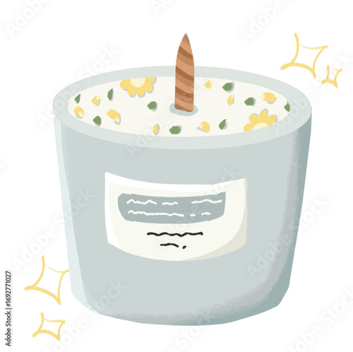 Aromatic candle with a wooden wick and floral accents, creating a warm and inviting ambiance