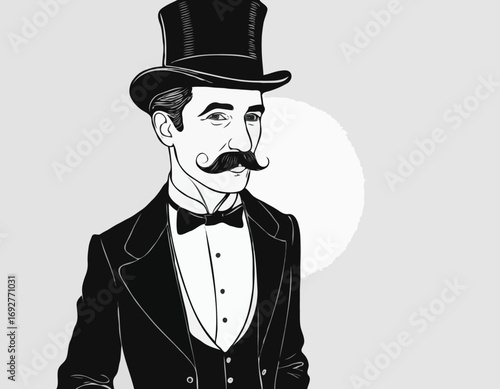 Portrait of an English gentleman with a mustache in a suit and top hat hand drawn sketch Illustration.