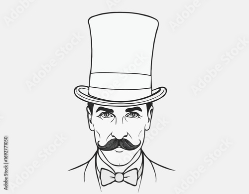 Portrait of an English gentleman with a mustache in a suit and top hat hand drawn sketch Illustration.