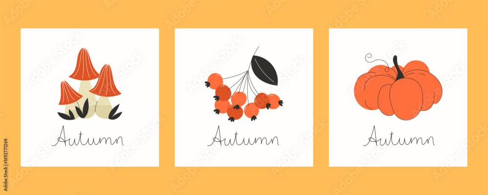 Fototapeta premium Autumn Fall Minimalist Greeting Card Set with Mushrooms Berries and Pumpkin Illustration
