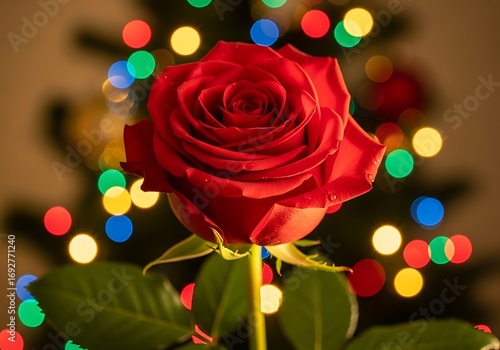 Beautiful red rose in holiday lights
