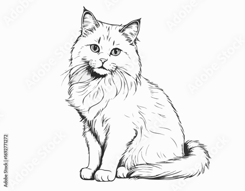 Fluffy cat sitting hand drawn sketch Pets Vector illustration