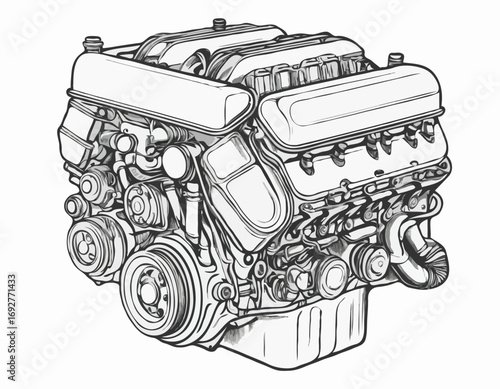 Car engine sketch hand drawn engraved style Engineering Vector illustration
