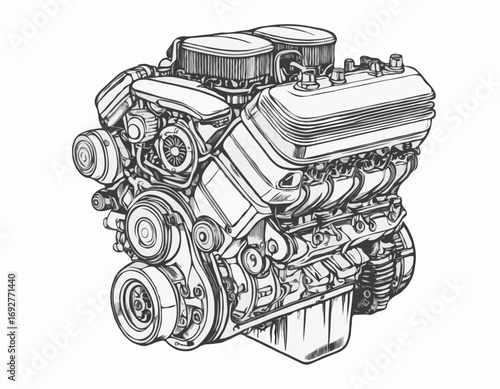 Car engine sketch hand drawn engraved style Engineering Vector illustration