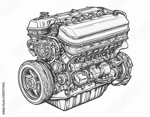Car engine sketch hand drawn engraved style Engineering Vector illustration