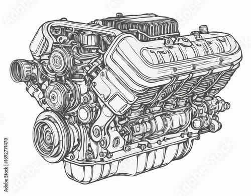 Car engine sketch hand drawn engraved style Engineering Vector illustration