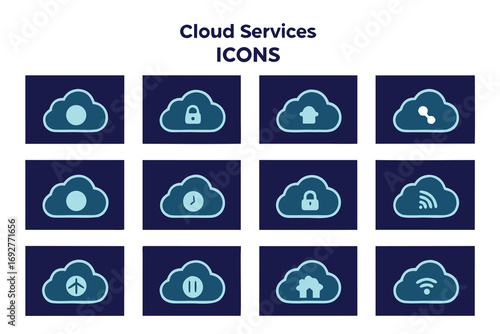 Set of twelve blue cloud icons with symbols for data sharing security time upload wind power pause home and wifi