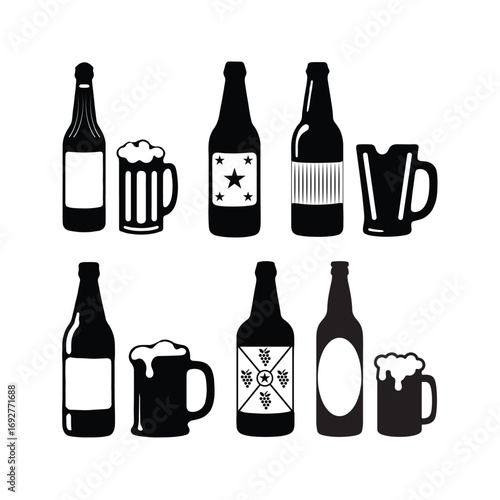 Black white silhouette beer bottles beer mug