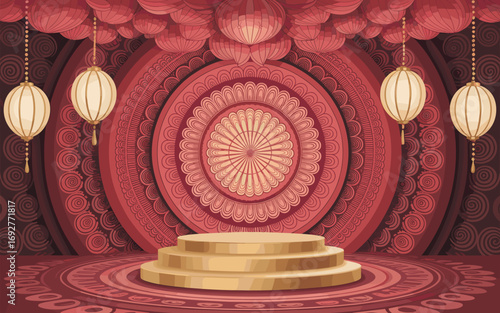 Ornate Stage with Circular Backdrop and Lanterns Vector Illustration