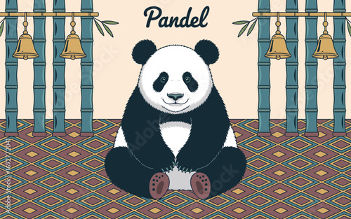 Panda Bear Sitting with Bamboo and Bells Vector Graphic Illustration
