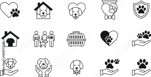Black and white pet care icons set featuring dogs, paw prints, pet houses, pet carriers, hands holding pets, family.