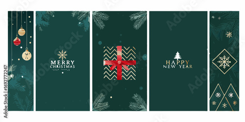 Elegant christmas and new year greeting cards with festive ornaments and pine branches