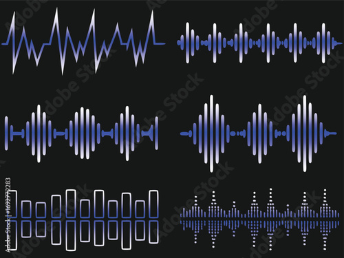 Modern audio waveform set in blue gradient on black background featuring various sound wave styles. Ideal for music production, podcast graphics, and digital media design. High contrast vector element