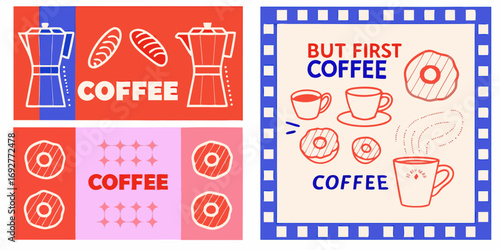 Fun hand drawn coffee and donut illustrations with bold colors and retro style