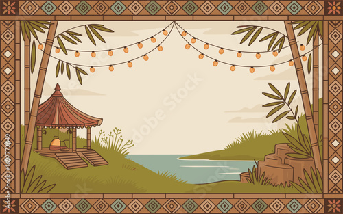 Tranquil Lakeside Gazebo Scene with Bamboo and Decorative Border Vector
