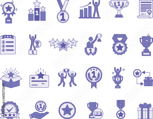 Colored Icon Set Reward. Vector Illustrations Award, Medal, Trophy, Success, Rating, Champion, Gift, Achievement, Star, Winner, Bonus, Prize Money, and More