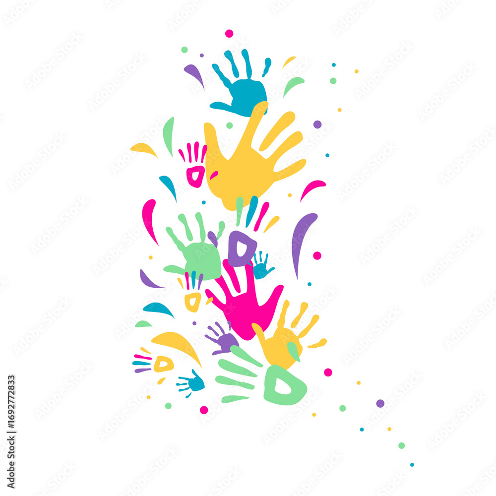 Fototapeta premium Colorful Handprints and Splashes on a Light Background, Perfect for Celebration, Diversity, and Creative Concepts.