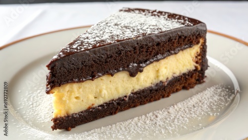 Delicious chocolate layer cake with cream filling and powdered sugar