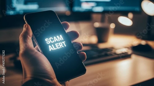 Beware of Online Scams: A Hand Holding a Smartphone with a Scam Alert Message