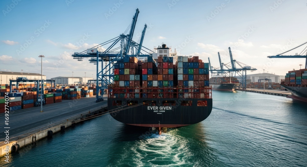 Fototapeta premium Cargo ship at dock, laden with containers, cranes overhead