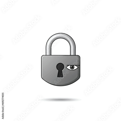A gray padlock with a keyhole and a watchful eye on a plain white background, conveying security and surveillance.