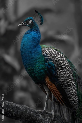 Wallpaper Mural Selective color close up of peacock perched tree vibrant feather hues glowing against monochrome jungle background Torontodigital.ca