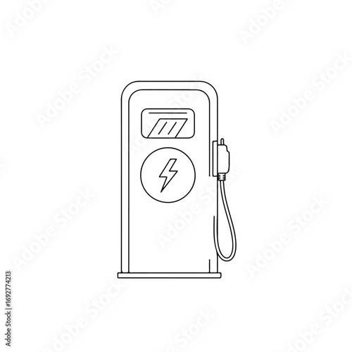 Modern EV Charging Station Vector Icon with Plug and Lightning Symbol, Electric Vehicle Infrastructure for Sustainable Transport, Clean Outline Design