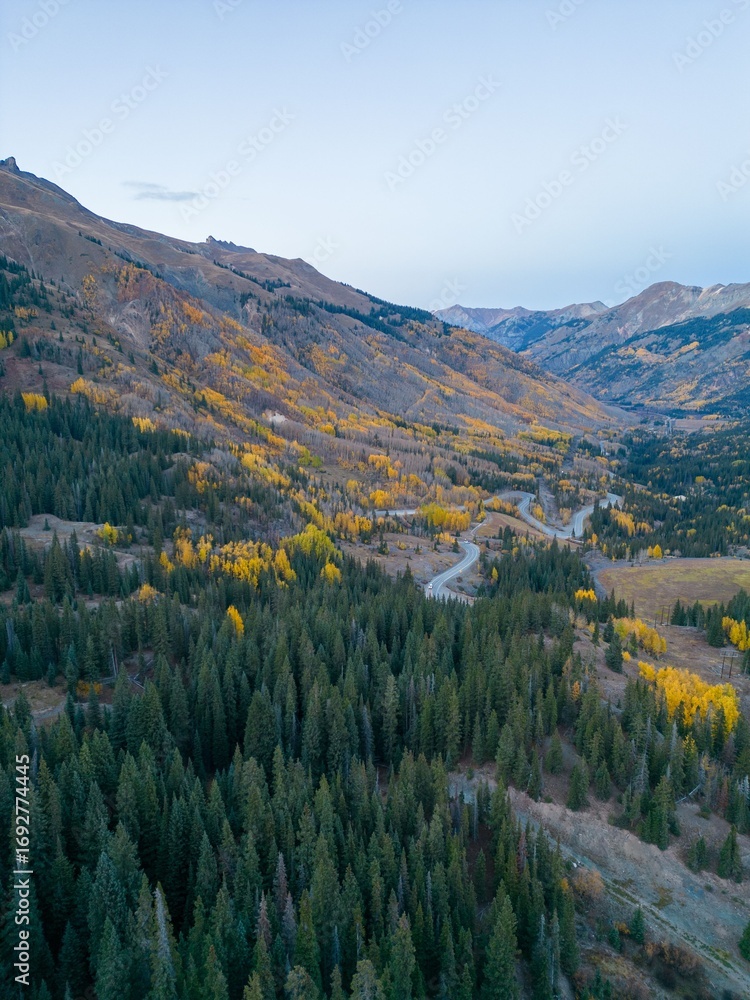 Obraz premium Aerial view of winding road through autumn forest.