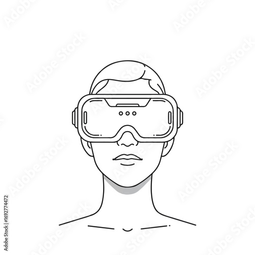 A minimalist line drawing of a person wearing virtual reality goggles on a plain white background with a focus on technology.