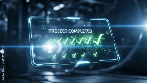 Project Completion Notification Interface with Glowing Checkmarks on Futuristic Display