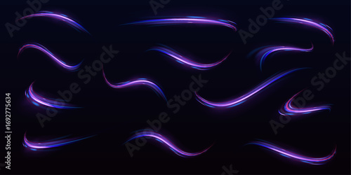 Set of neon speed lines on transparent background. Lines in the shape of a comet against a dark background. Abstract energy in the form of stripe, arc, curl and zigzag in neon colors with light.
