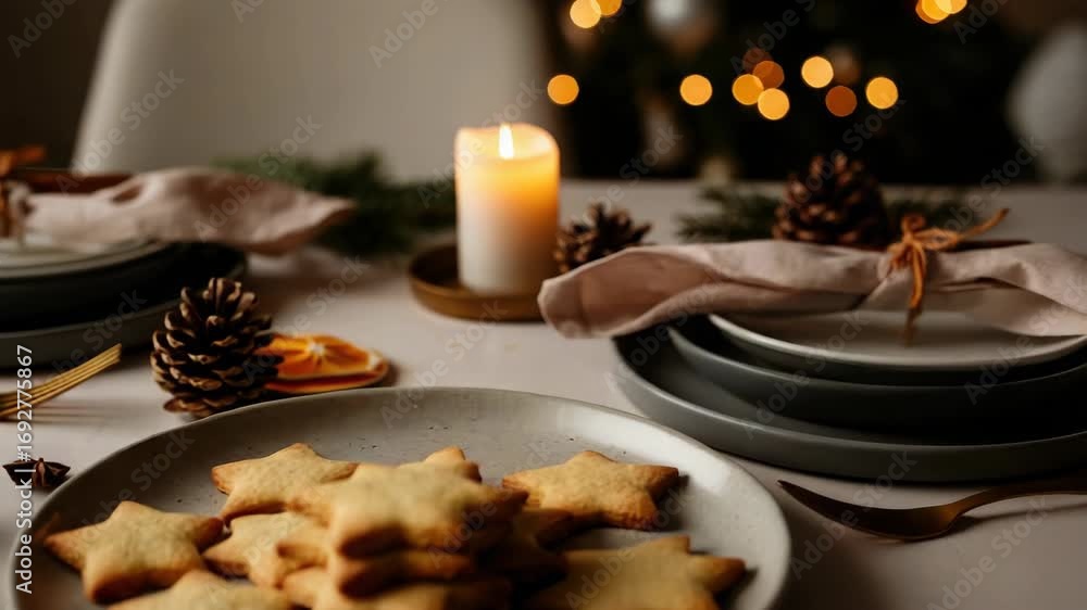 Star-shaped cookies on plate with holiday decor and candlelit background