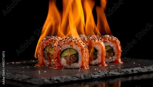 Fiery sushi roll display