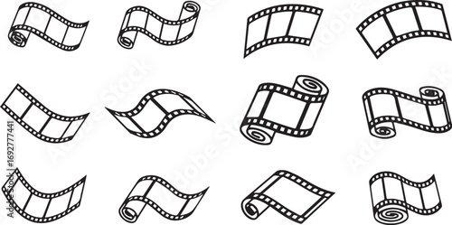 Minimalist black film strip icon set – hand-drawn silhouettes of curled, wavy, and straight reels for cinema, photography, and media design projects.