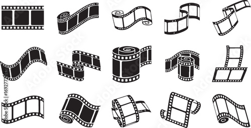 Minimalist black film strip icon set – hand-drawn silhouettes of curved, looped, and twisted reels for cinema, photography, and media design projects.