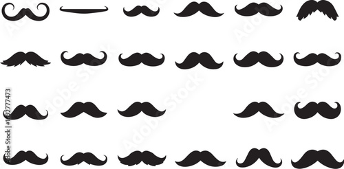 Minimalist black mustache icon set – hand-drawn silhouettes of curled, bushy, thin, and stylized facial hair for fashion, character design, and grooming visuals.