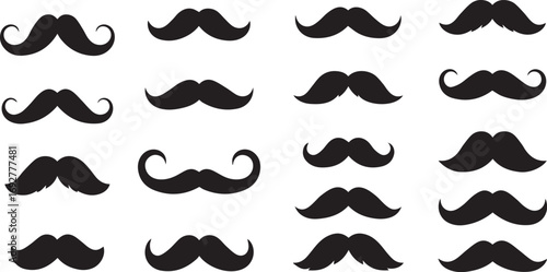 Minimalist black mustache icon set – hand-drawn silhouettes of curled, bushy, thin, and stylized facial hair for fashion, character design, and grooming visuals.