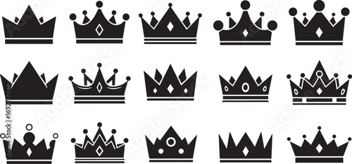 Minimalist black crown icon set – hand-drawn silhouettes of royal headpieces with varied points, jewels, and styles for luxury branding, fantasy design, and status symbols.