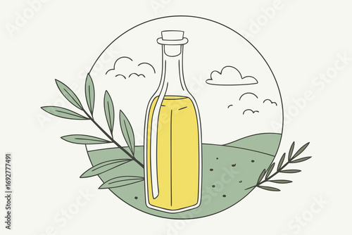 Hand drawn bottle of golden oil with olive branches and landscape