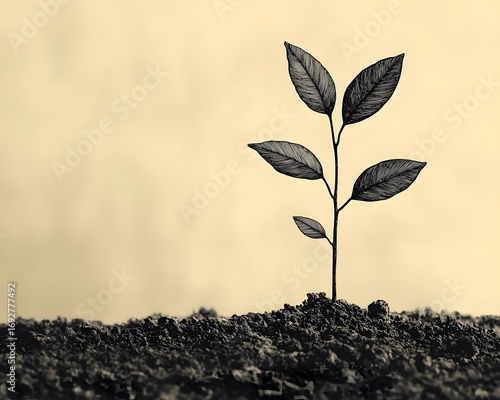 Tiny plant sprouting: A lone seedling reaches for the sky, its delicate leaves a testament to resilience and growth. Symbol of hope and new beginnings