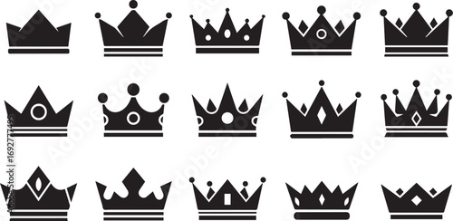 Minimalist black crown icon set – hand-drawn silhouettes of royal headpieces with varied points, jewels, and styles for luxury branding, fantasy design, and status symbols.