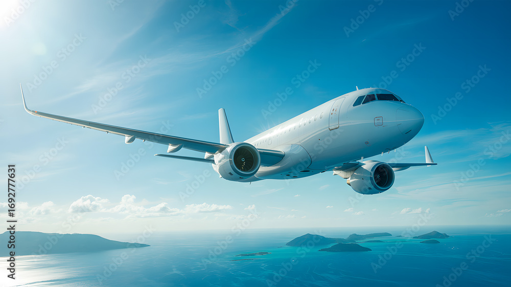 Obraz premium Soaring Above Paradise A Private Jet's Journey Over Tropical Islands and Azure Waters, a Symbol of Luxury and Exotic Destinations