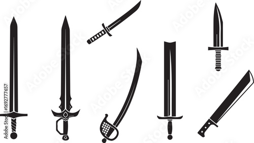 Minimalist black sword icon set – hand-drawn silhouettes of katana, saber, dagger, machete, and broadsword styles for fantasy, combat, and historical design.