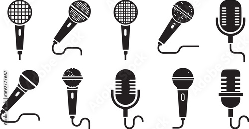 Minimalist black microphone icon set – hand-drawn silhouettes of vintage, studio, and handheld mics with varied grille styles for audio, music, and broadcast design.