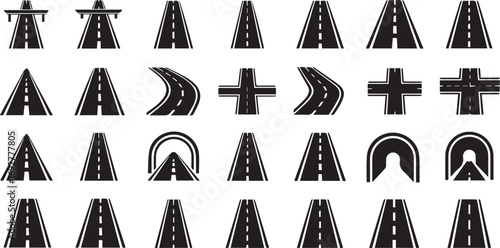 Minimal silhouettes of highways, curves, junctions, tunnels, and bridges for maps, navigationist black road and intersection icon set – hand-drawn, and urban design.