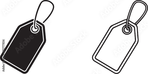 Minimalist black and white price tag icon set – hand-drawn silhouettes of merchandise labels with loops for retail, branding, and design use.