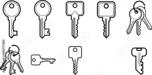 Minimalist black key icon set – hand-drawn silhouettes of traditional keys and keyrings with diverse head shapes and teeth styles for security and design use.
